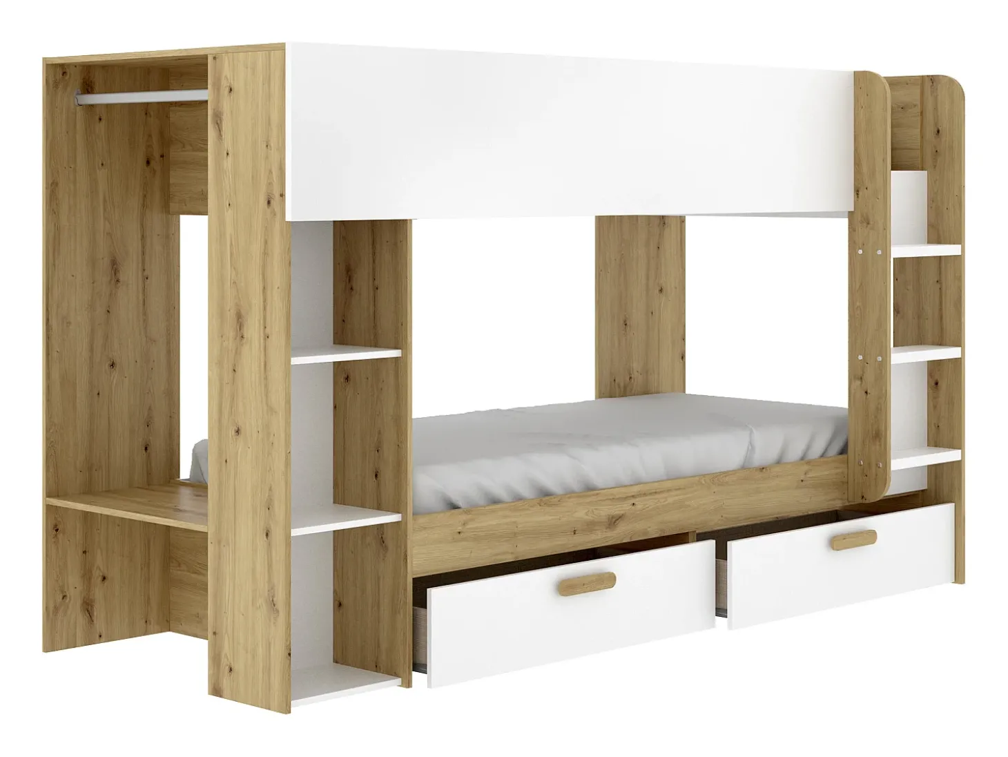 Beliche 2 x 90 x 200 cm com espaço de arrumação branco e natural - OZANA