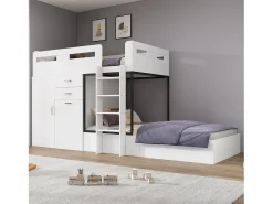 Beliche 2 x 90 x 200 cm com roupeiro + secretária e 2 gavetas - MDF - estrado de ripas - branco