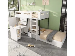 Beliche 2 x 90 x 200 cm com roupeiro + secretária e 2 gavetas - MDF - estrado de ripas - branco