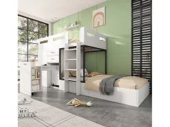 Beliche 2 x 90 x 200 cm com roupeiro + secretária e 2 gavetas - MDF - estrado de ripas - branco