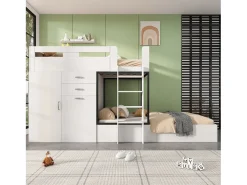 Beliche 2 x 90 x 200 cm com roupeiro + secretária e 2 gavetas - MDF - estrado de ripas - branco