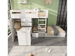 Beliche 2 x 90 x 200 cm com roupeiro + secretária e 2 gavetas - MDF - estrado de ripas - branco