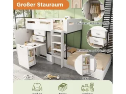 Beliche 2 x 90 x 200 cm com roupeiro + secretária e 2 gavetas - MDF - estrado de ripas - branco