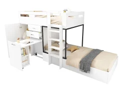 Beliche 2 x 90 x 200 cm com roupeiro + secretária e 2 gavetas - MDF - estrado de ripas - branco