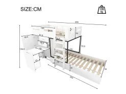 Beliche 2 x 90 x 200 cm com roupeiro + secretária e 2 gavetas - MDF - estrado de ripas - branco