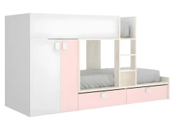 Beliche armário integrado 2 x 90 x 190 cm Branco natural e cor-de-rosa + Colchão JUANITO