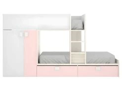 Beliche armário integrado 2 x 90 x 190 cm Branco natural e cor-de-rosa + Colchão JUANITO