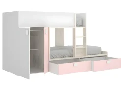 Beliche armário integrado 2 x 90 x 190 cm Branco natural e cor-de-rosa + Colchão JUANITO