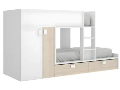 Beliche armário integrado 2 x 90 x 190 cm Branco e natural + Colchão JUANITO