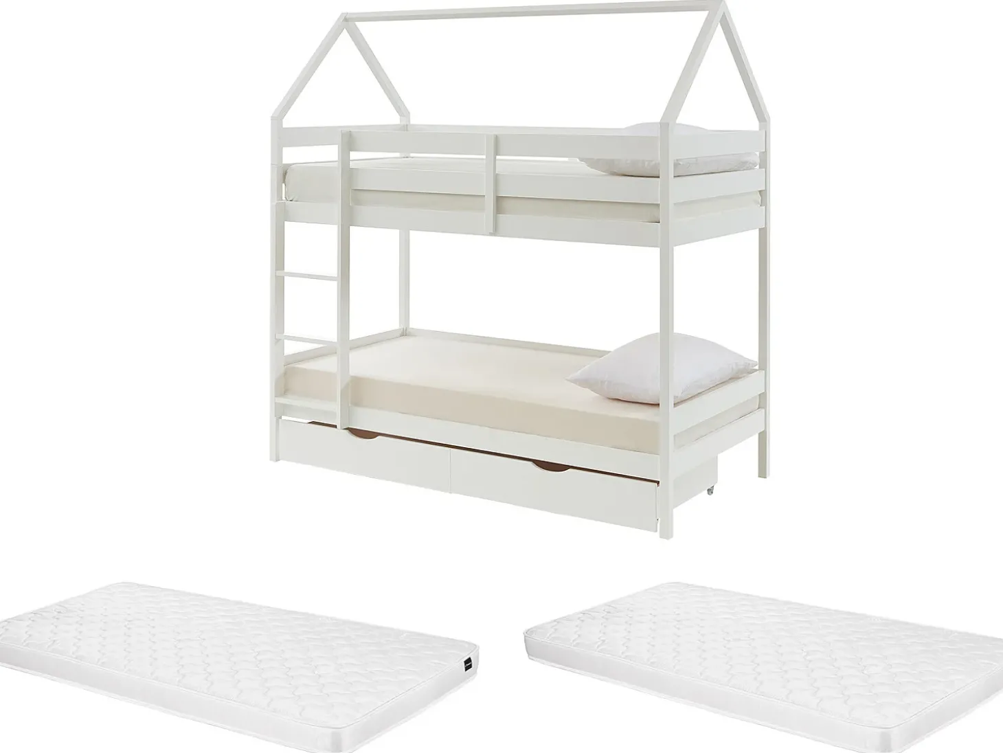 Beliche cabana 2 gavetas 2 x 90 x 190 cm pinho maciço branco com colchão - CHORI