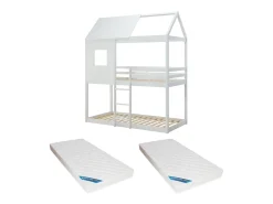 Beliche cabana 2 x 90 x 190 cm em Pinho e MDF branco + colchão - LIDOVARA