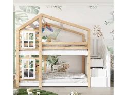 Beliche cabine em pinho maciço com barreiras anti-queda e escada de arrumação - 90x200cm - Natural e Branco