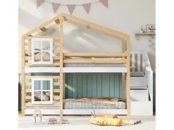 Beliche cabine em pinho maciço com barreiras anti-queda e escada de arrumação - 90x200cm - Natural e Branco
