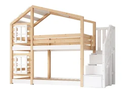 Beliche cabine em pinho maciço com barreiras anti-queda e escada de arrumação - 90x200cm - Natural e Branco