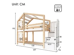 Beliche cabine em pinho maciço com barreiras anti-queda e escada de arrumação - 90x200cm - Natural e Branco