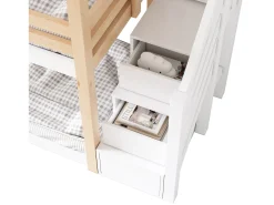 Beliche cabine em pinho maciço com barreiras anti-queda e escada de arrumação - 90x200cm - Natural e Branco