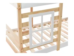 Beliche cabine em pinho maciço com barreiras anti-queda e escada de arrumação - 90x200cm - Natural e Branco