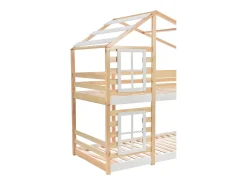 Beliche cabine em pinho maciço com barreiras anti-queda e escada de arrumação - 90x200cm - Natural e Branco