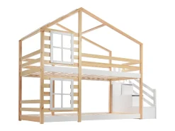 Beliche cabine em pinho maciço com barreiras anti-queda e escada de arrumação - 90x200cm - Natural e Branco