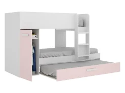 Beliche cama dupla 3x90x190 cm armário com espaços de arrumação branco, natural e rosa ANTHONY