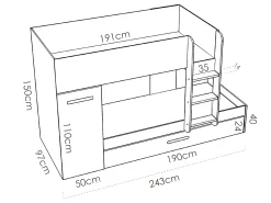 Beliche cama dupla 3x90x190 cm armário com espaços de arrumação branco, natural e rosa ANTHONY