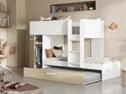 Beliche cama dupla 3x90x190 cm armário com espaços de arrumação branco e natural ANTHONY