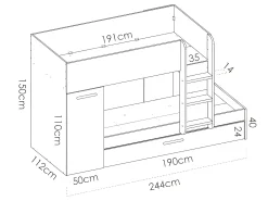 Beliche cama dupla 3x90x190 cm armário com espaços de arrumação branco e natural ANTHONY