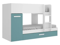 Beliche cama dupla 3x90x190 cm armário com espaços de arrumação branco, natural e azul ANTHONY