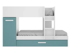 Beliche cama dupla 3x90x190 cm armário com espaços de arrumação branco, natural e azul ANTHONY