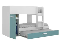 Beliche cama dupla 3x90x190 cm armário com espaços de arrumação branco, natural e azul ANTHONY
