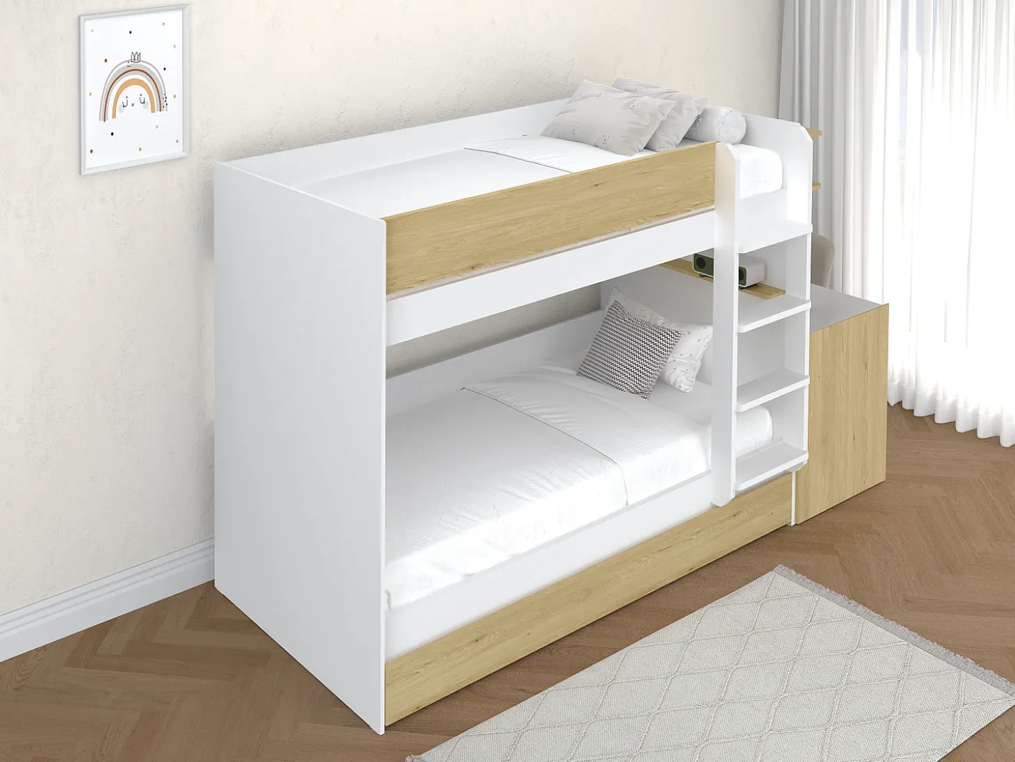 Beliche com cama dupla 3 x 90 x 190 cm 2 secretárias branco e natural - DOMATI