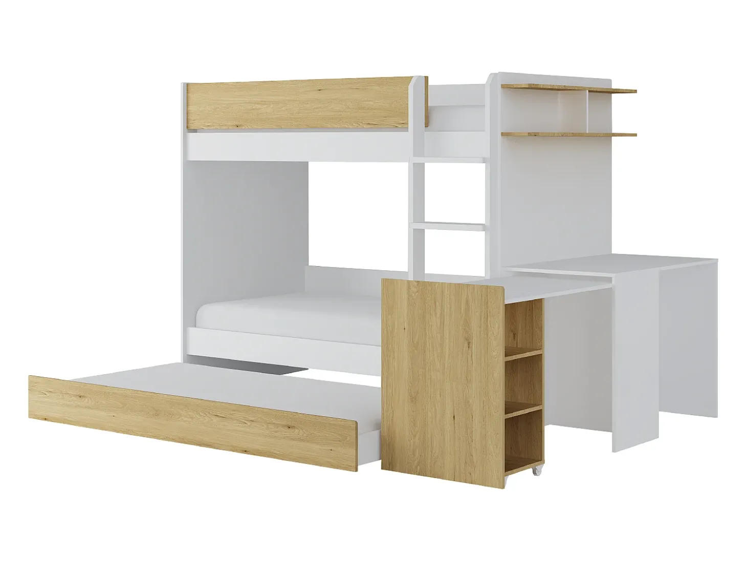 Beliche com cama dupla 3 x 90 x 190 cm 2 secretárias branco e natural - DOMATI
