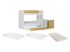 Beliche com cama dupla 3x90x190 cm 2 secretárias branco e natural + colchão - DOMATI