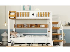 Beliche com escada de arrumação - 90x200cm - 4 cacifos na escada e 2 gavetas debaixo da cama - com base de ripas - Branco