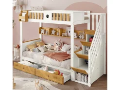 Beliche com escada de arrumação - 90x200cm - 4 cacifos na escada e 2 gavetas debaixo da cama - com base de ripas - Branco