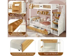 Beliche com escada de arrumação - 90x200cm - 4 cacifos na escada e 2 gavetas debaixo da cama - com base de ripas - Branco