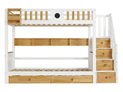 Beliche com escada de arrumação - 90x200cm - 4 cacifos na escada e 2 gavetas debaixo da cama - com base de ripas - Branco