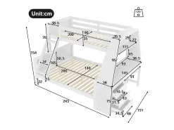 Beliche de 90 x 200 cm e 140 x 200 cm - Cama de criança com secretária e 3 gavetas - Madeira de pinho e MDF branco