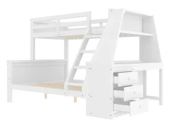 Beliche de 90 x 200 cm e 140 x 200 cm - Cama de criança com secretária e 3 gavetas - Madeira de pinho e MDF branco