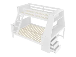 Beliche de 90 x 200 cm e 140 x 200 cm - Cama de criança com secretária e 3 gavetas - Madeira de pinho e MDF branco