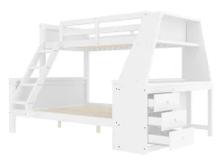 Beliche de 90 x 200 cm e 140 x 200 cm - Cama de criança com secretária e 3 gavetas - Madeira de pinho e MDF branco