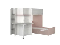 Beliche de canto 2 x 90 x 190 cm com secretária cinzento, branco e cor-de-rosa + colchão - SAMUEL