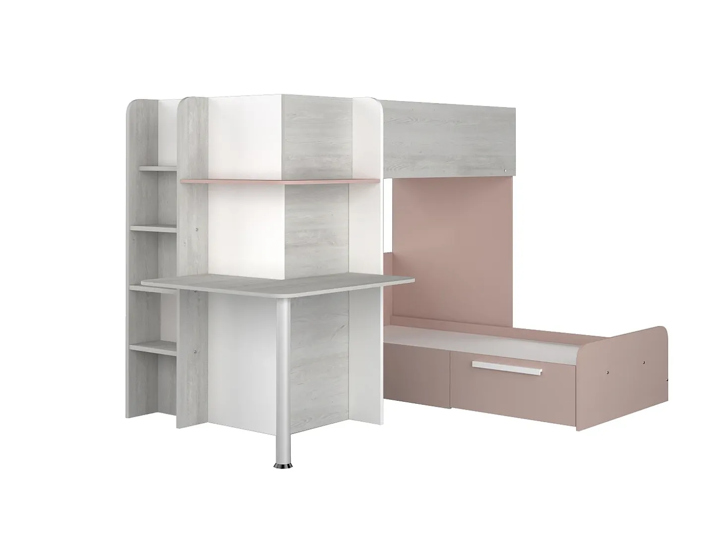 Beliche de canto 2 x 90 x 190 cm com secretária cinzento, branco e cor-de-rosa + colchão - SAMUEL