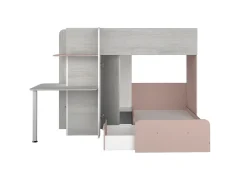 Beliche de canto 2 x 90 x 190 cm com secretária cinzento, branco e cor-de-rosa + colchão - SAMUEL