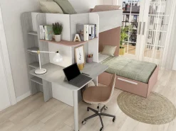 Beliche de canto 2 x 90 x 190 cm com secretária cinzento, branco e cor-de-rosa + colchão - SAMUEL