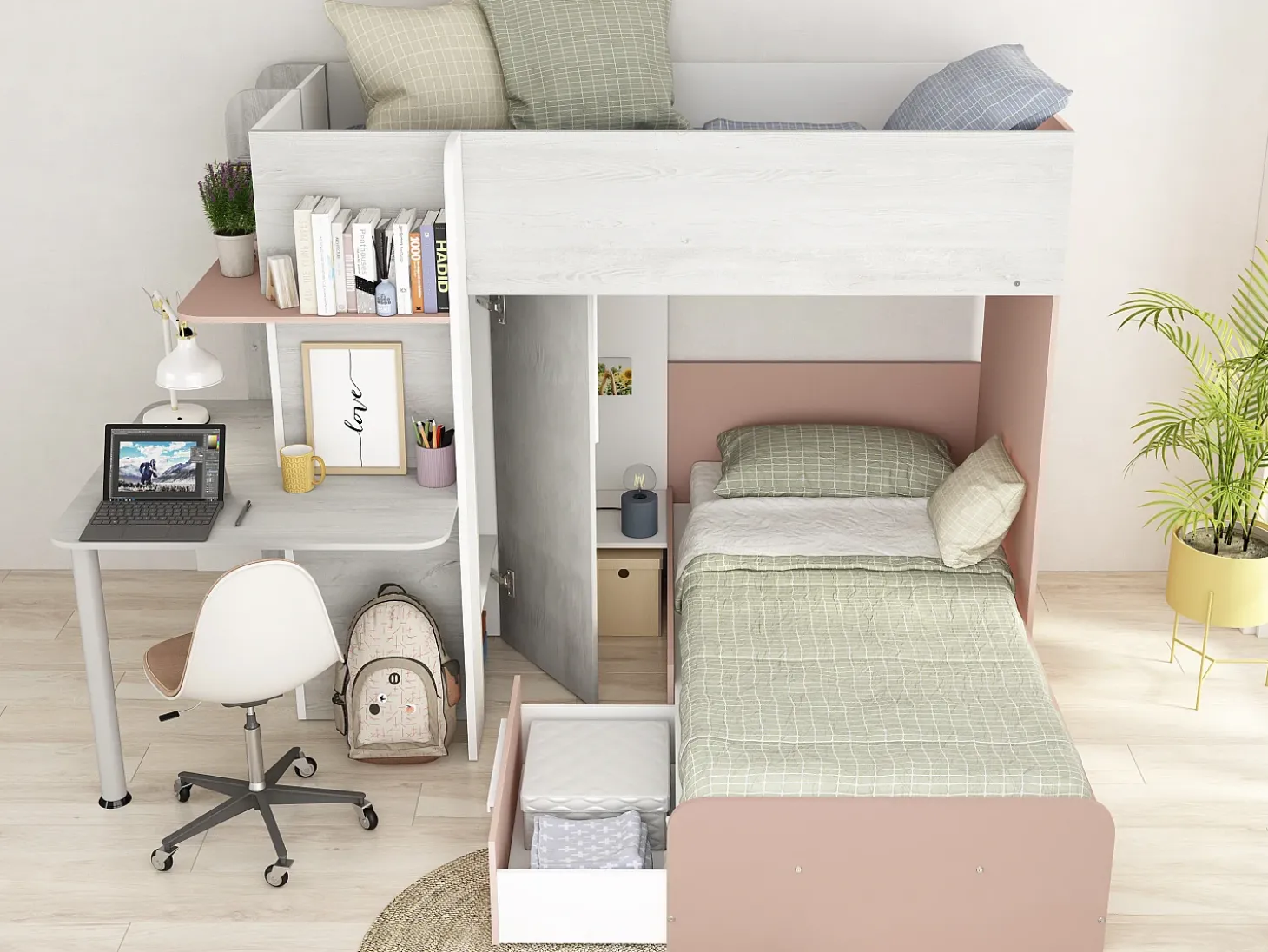 Beliche de canto 2 x 90 x 190 cm com secretária cinzento, branco e cor-de-rosa + colchão - SAMUEL