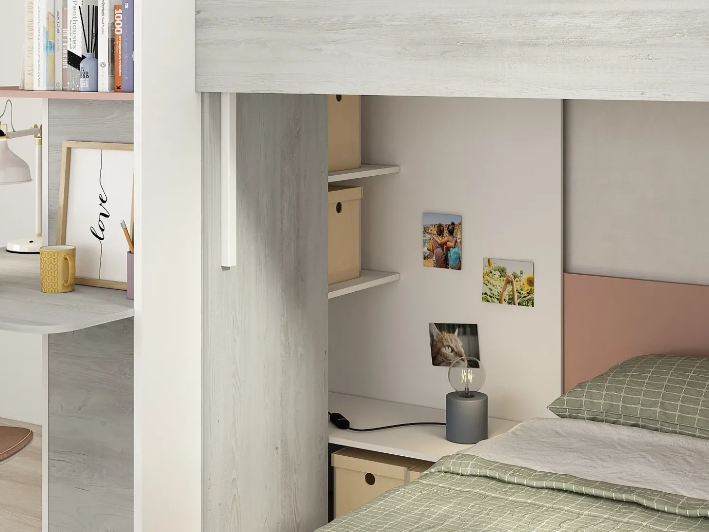 Beliche de canto 2 x 90 x 190 cm com secretária cinzento, branco e cor-de-rosa + colchão - SAMUEL