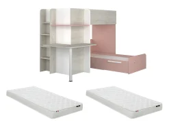 Beliche de canto 2 x 90 x 190 cm com secretária cinzento, branco e cor-de-rosa + colchão - SAMUEL