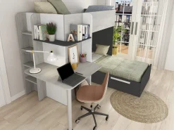 Beliche de canto 2 x 90 x 190 cm com secretária cinzento, branco e preto + colchão - SAMUEL