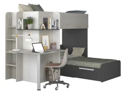 Beliche de canto 2 x 90 x 190 cm com secretária cinzento, branco e preto + colchão - SAMUEL